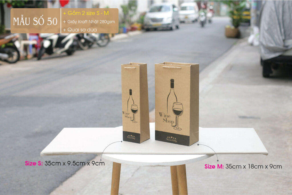 Túi kraft đựng rượu có 2 kích thước, dùng cho loại 1 chai và 2 chai.
