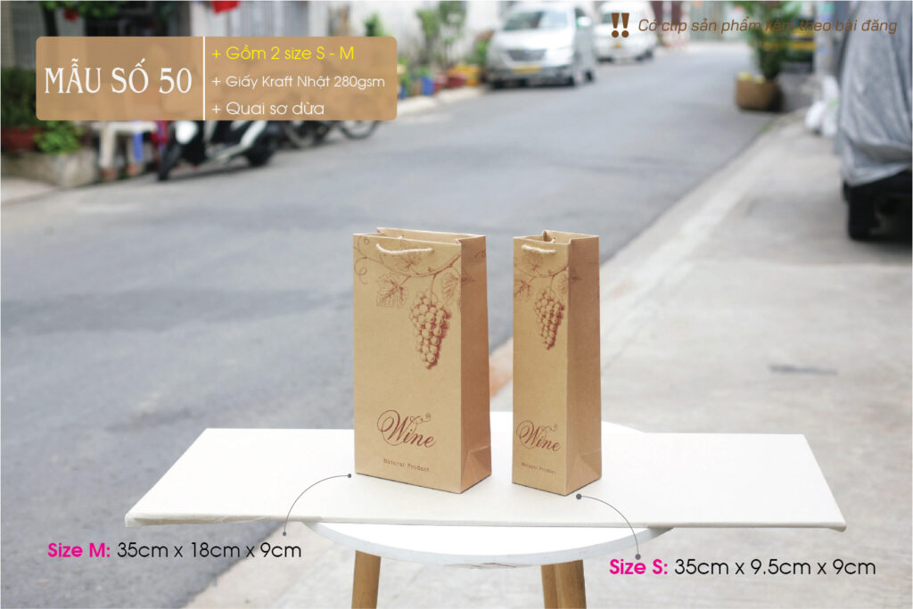 Túi kraft đựng rượu có 2 kích thước, dùng cho loại 1 chai và 2 chai.