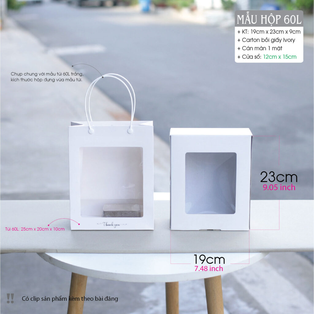 Hộp 60L có thể kết hợp với Túi số 60L để tạo thành 1 bộ bao bì hoàn chỉnh.