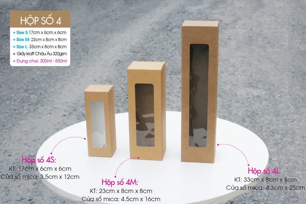 Hộp giấy đứng có 3 size đựng đuợc chai 300ml, 500ml và 750ml - Tương ứng với 3 size S, M & L - The single box for bottle.
