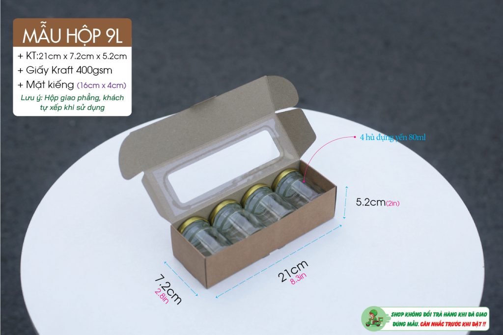 Hộp mini nắp ngang - Size L - Được làm từ chất liệu giấy kraft. Hộp này có kích thước đựng vừa đủ 4 hủ yến chưng sẵn 80ml nha !
