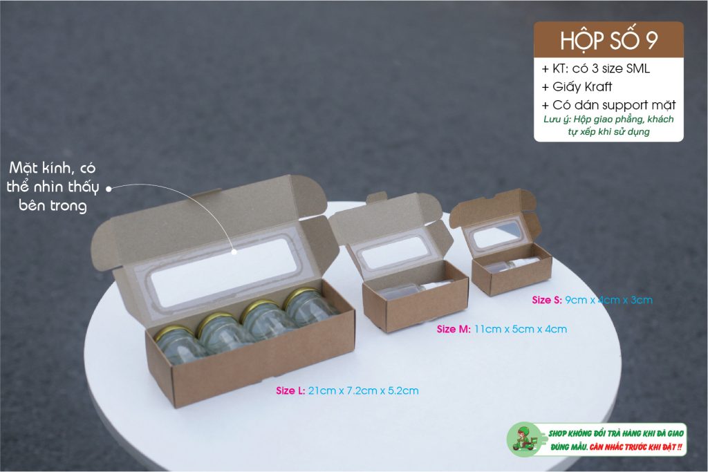 Hộp mini nắp ngang - hiện có 3 kích thước và 2 chất liệu khác nhau để khách lựa chọn - Trong hình là hộp được làm từ chất liệu giấy kraft.