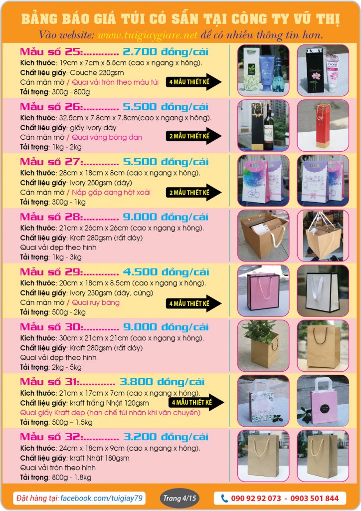 Paper bags Price list
