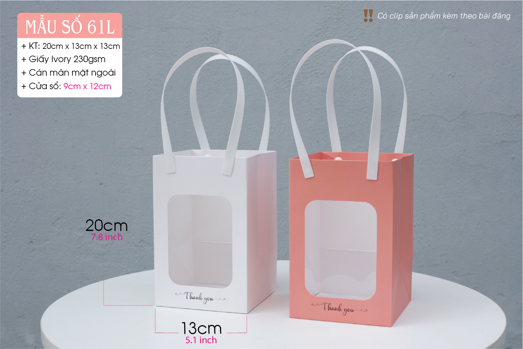 Túi đáy vuông size L, có 2 màu Trắng & Hồng.