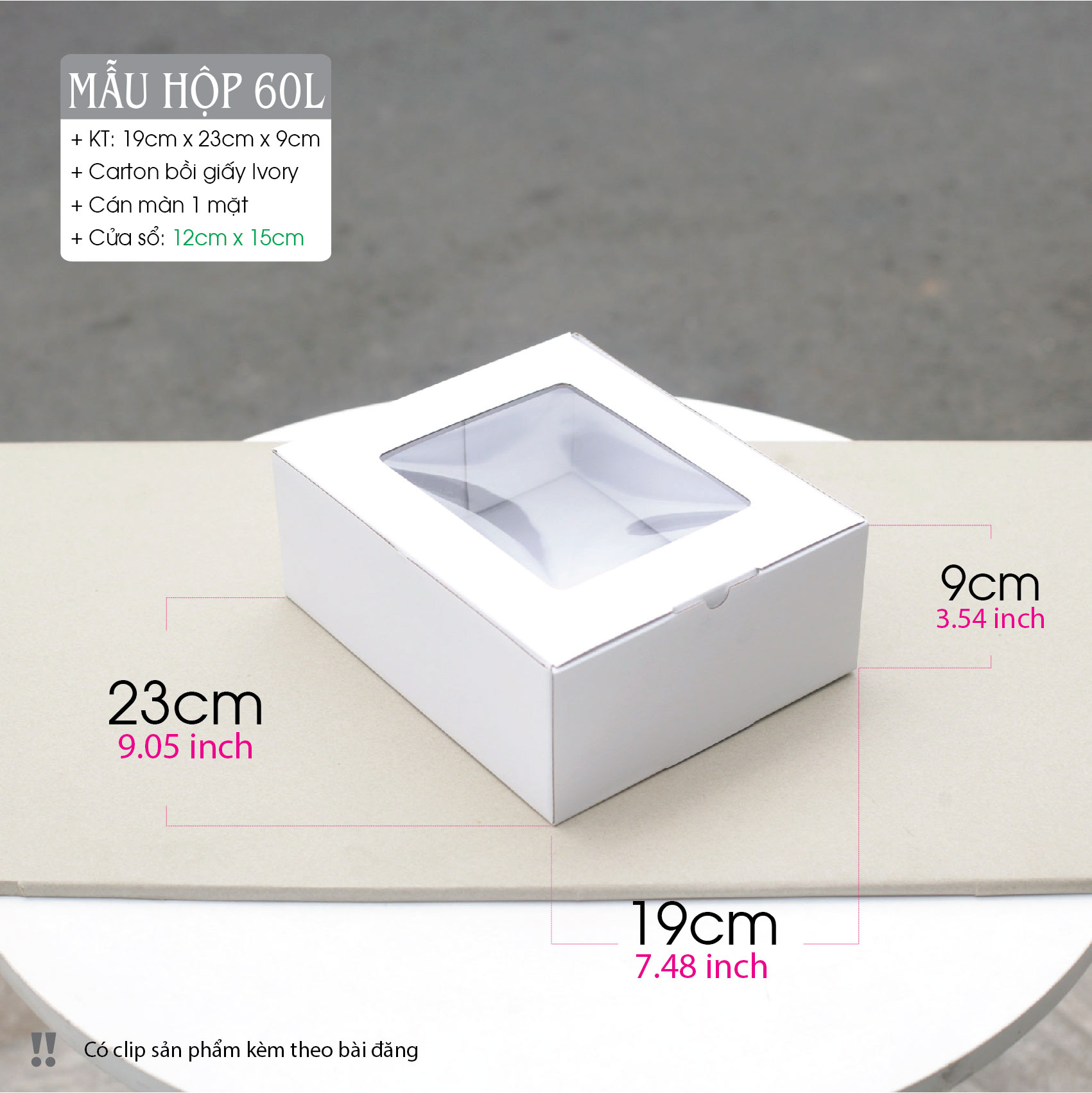 Hộp size S có kích thước 19cm x 23cm x 9cm - Được làm tử giấy Carton 2 lớp (1 trắng 1 xeo) rồi bồi thêm 1 lớp giấy Ivory trắng bên trên.